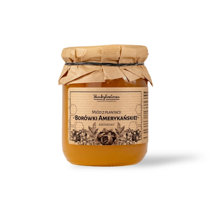 miel de myrtille 650g récolte mai skarby roztocza fond blanc