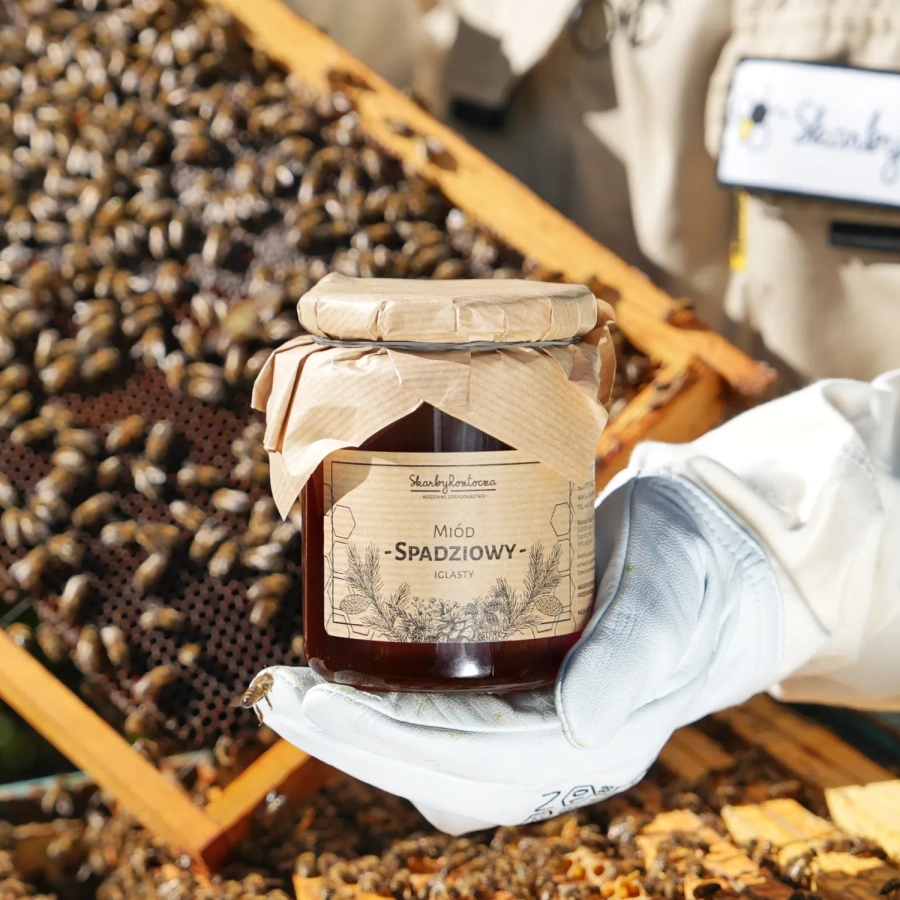 miel de miellat conifères 650g trésors de roztocze produit rayon de miel abeilles