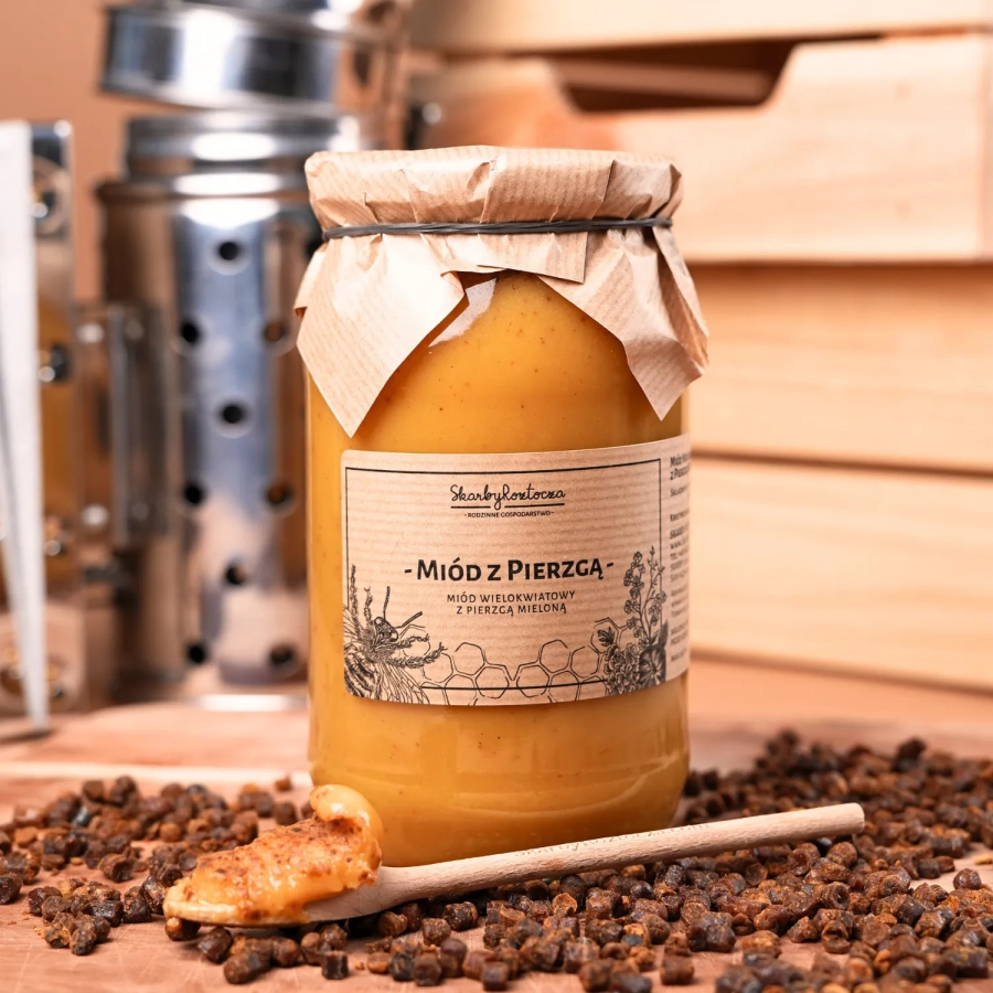 miel avec pain d'abeille grand pot skarby roztocza produit de face