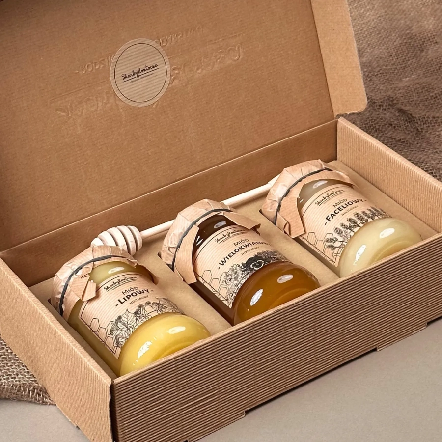 Geschenkset Schachtel 3 Honiggläser Skarby Roztocza Produkt quadratisch klassisch
