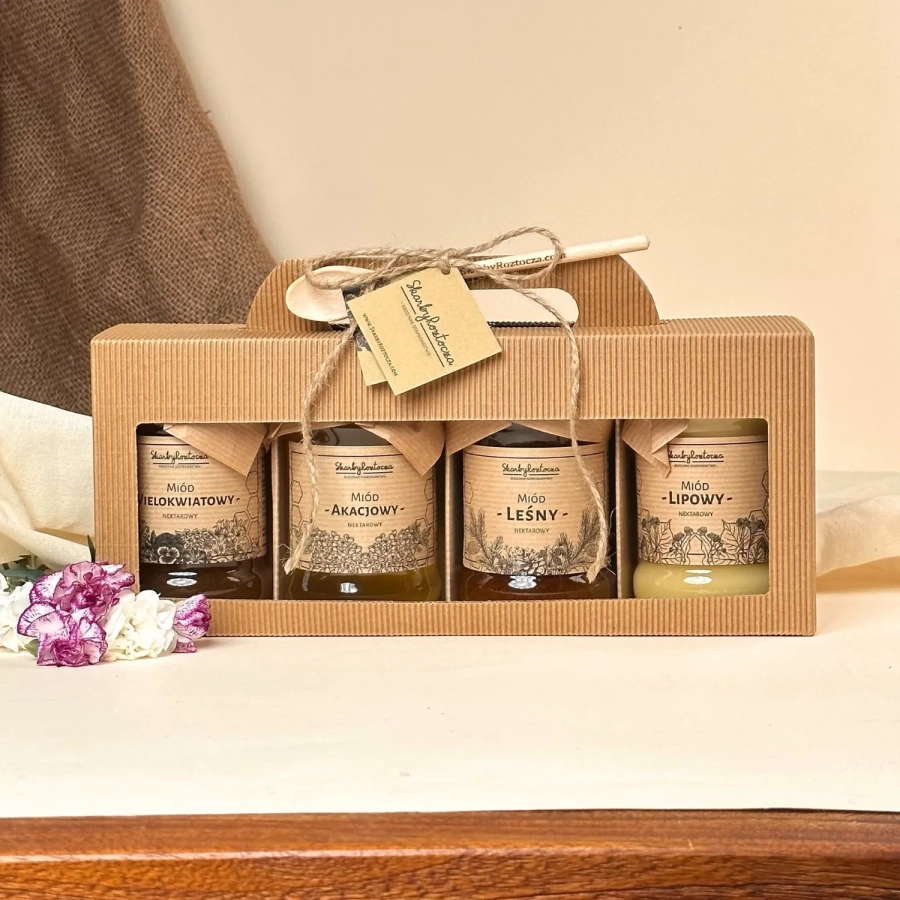 traditionelles Geschenkset Karton Fenster 4 Honige Löffel Schätze der Region Roztocze Produkt quadratisch Wünsche Geschenk Bindung Juteschnur natürlic