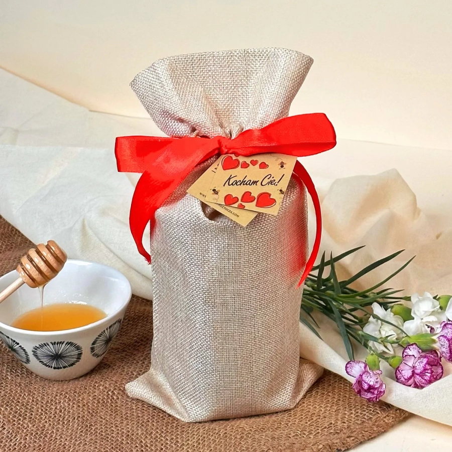 Geschenkset Beutel Schleife Honig Schätze von Roztocze Produkt quadratisch klassisch