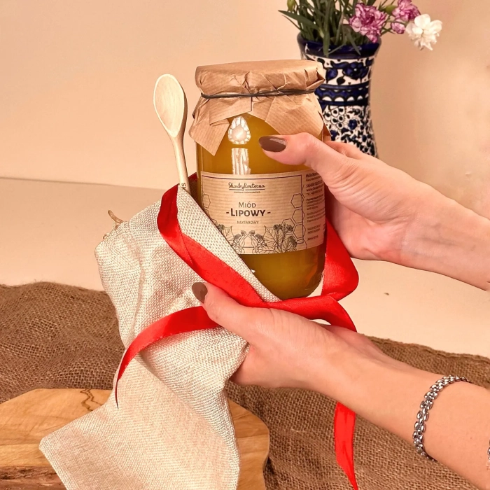 Geschenkset Beutel Schleife Honig Schätze von Roztocze Produkt quadratisch Lindenhonig