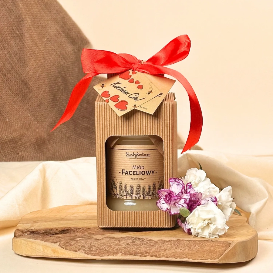 traditionelles Geschenkset Karton Fenster Honig Löffel Schätze von Roztocze Produkt Quadrat Wünsche Schleife