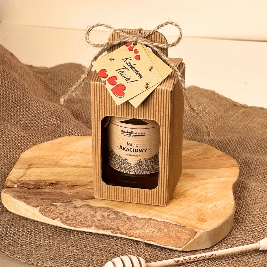 traditionelles Geschenkset Karton Fenster Honig Löffel Schätze von Roztocze Produkt Quadrat Wünsche Geschenk Schnur